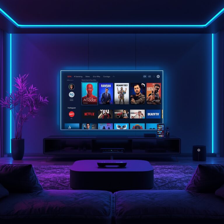 Step-by-step IPTV setup guide on a smart TV screen showing app installation and playlist URL entry